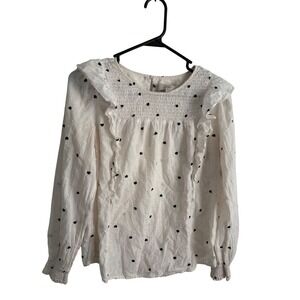 LOFT White Heart Embroidered Clip Dot Ruffle Smocked Blouse Small Long Sleeve